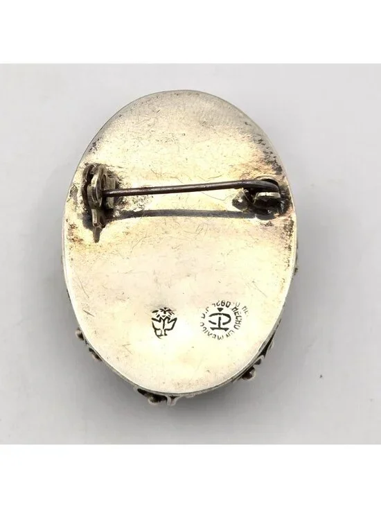 Vintage Taxco Sterling Silver Green Onyx Locket Brooch Mexico Eagle Mark 1 - Picture 6 of 13